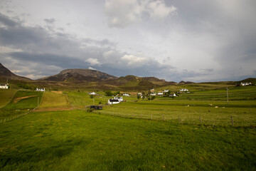 Rural homes on the Isle of Skye in the Scottish Highlands, UK