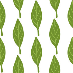 Modern plants seamless isolated pattern with bright green simple leaf ornament. White background.