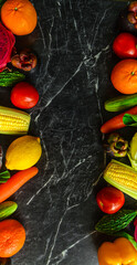 Healthy food background. Food photography different fruits and vegetables on marble table background. Copy space. Shopping food in supermarket