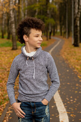 Fototapeta premium Curly brown-haired boy with a mohawk hairstyle in a leather jacket on an autumn background