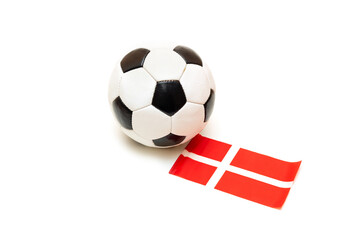 Soccer ball and flag of Denmark, isolated on white background. Football concept