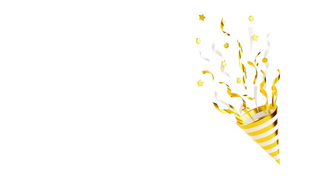 Gold party popper with flying confetti 3d render illustration isolated on white.