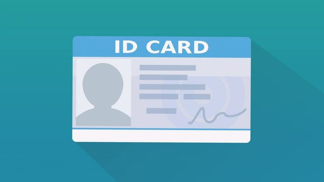 A hand presents an identity card in English and places it in the center of a blue background (flat design)