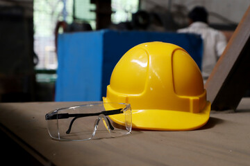 Safety Helmet and Glasses, safety gears in Factory  construction Gears