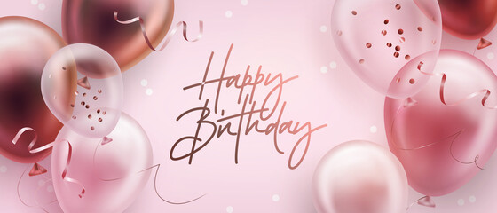 Vector birthday elegant greeting card or banner with golden, pink and white balloons and falling confetti. Vector illustration