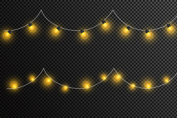 Glowing Christmas lights isolated realistic design elements. Garlands, Christmas decorations.