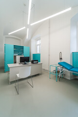 Eye clinic room. White hospital clinic office consulting room. Eye surgery, eye clinic.