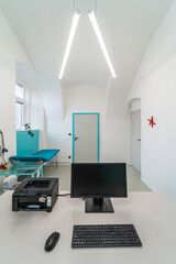 Eye clinic room. White hospital clinic office consulting room. Eye surgery, eye clinic.