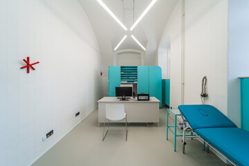 Eye clinic room. White hospital clinic office consulting room. Eye surgery, eye clinic.