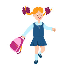 A cheerful schoolgirl runs with a school bag in her hands. Hair is braided in pigtails. Burgundy bows. Isolated on a white background. Flat style. Vector illustration