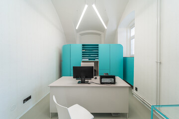 Eye clinic room. White hospital clinic office consulting room. Eye surgery, eye clinic.