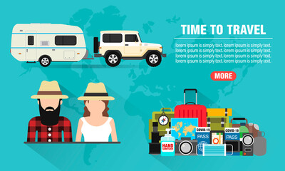 Time to travel young people concept design flat banner with SUV, trailer camping. Travel icon. Safe journey. Vector illustration