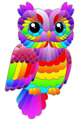 A stained glass illustration with a cute cartoon rainbow owl, a bird isolated on a white background