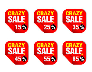 Crazy Sale red sticker set with bomb icon. Sale 15%, 25%, 35%, 45%, 55%, 65% off. Vector illustration