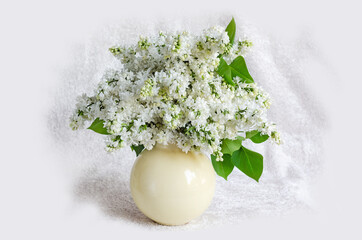 Bouquet of white lilac flowers in a jug on a white velvet background