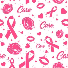Pink seamless pattern with ribbons, kisses and flowers. Feminine repeat background about support and raising awareness against breast cancer. Medical and social repetitive texture for solidarity.