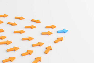 Leadership concept, blue leader arrow leading orange. 3D Rendering