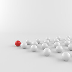 Leadership concept, red leader ball, standing out from the crowd of white balls. 3D Rendering