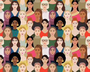 Seamless pattern of female multinational diverse faces. International Womens Day pattern. Female empowerment poster. Hand drawn vector illustration of faces of women.