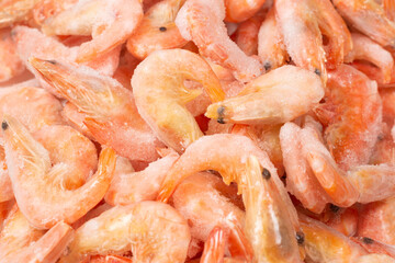 Fresh shrimps in ice. Top view.