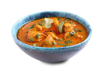 Bowl of delicious chicken curry on white background - obrazy, fototapety, plakaty