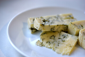 White cheese with blue mold on a plate