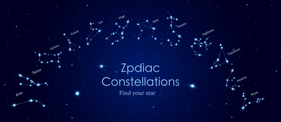 Constellations set on dark blue night sky vector illustration. Astronomy concept, stars in different horoscope constellations in galaxy, web template