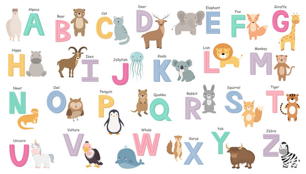 English alphabet with cute cartoon animals. Colorful alphabet for children. Capital letters. Vector illustration.