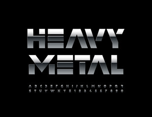 Vector creative poster Heavy Metal. Dark Silver Font. Shiny techno style Alphabet Letters and Numbers set