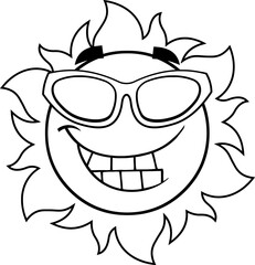 Outlined Smiling Sun Cartoon Character With Sunglasses. Vector Hand Drawn Illustration Isolated On Transparent Background