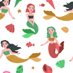 Cute mermaids and ocean shells seamless pattern in boho style. Underwater girl princess, undersea animals, bohemian trendy vector flat cartoon print on white background, repeat design for wallpapers