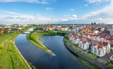 Poznan, Poland. Aerial view of Warta river and residential buildings in the district of Old Port