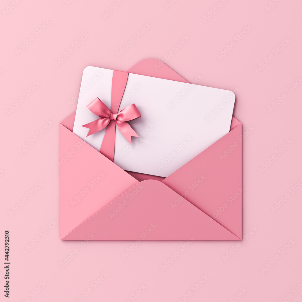 Poster blank white gift card with pink ribbon bow in pink envelope isolated on pink pastel color background