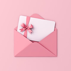 Blank white gift card with pink ribbon bow in pink envelope isolated on pink pastel color background with shadow minimal concept 3D rendering