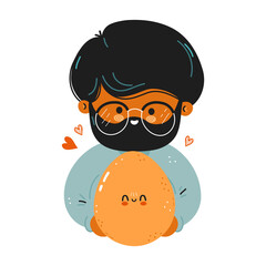 Young cute funny man hold egg in hand. Young man hugs cute egg. Isolated on white background. Vector hand drawn doodle style cartoon character illustration icon design