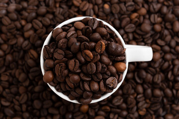 Coffee mug fulled of coffee beans