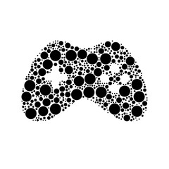 A large joystick symbol in the center made in pointillism style. The center symbol is filled with black circles of various sizes. Vector illustration on white background