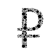A large ruble symbol in the center made in pointillism style. The center symbol is filled with black circles of various sizes. Vector illustration on white background