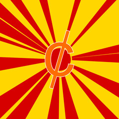 Cent symbol on a background of red flash explosion radial lines. The large orange symbol is located in the center of the sun, symbolizing the sunrise. Vector illustration on yellow background