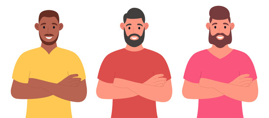 Three bearded men of different nationalities keeping arms crossed. Character set. Vector illustration in cartoon style.