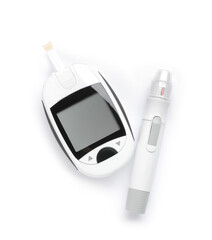 Modern glucometer with test strip and lancet pen on white background, top view - obrazy, fototapety, plakaty