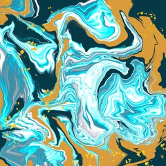 Zeitgenössische Zusammenfassung des flüssigen Wirbels. Geometric spiral, swirl, twirl in blau ,Senf gelb und Goldene Elemente. Perfekt für Hintergrund von Webseiten und design Elemente. Trendy Farben.