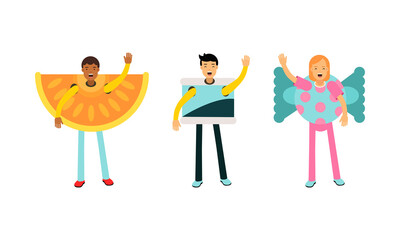 People Character Wearing Food Costumes Standing and Waving Hand Vector Illustration Set