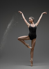 Fototapeta na wymiar Attractive ballerina wearing tutu outfit against gray background
