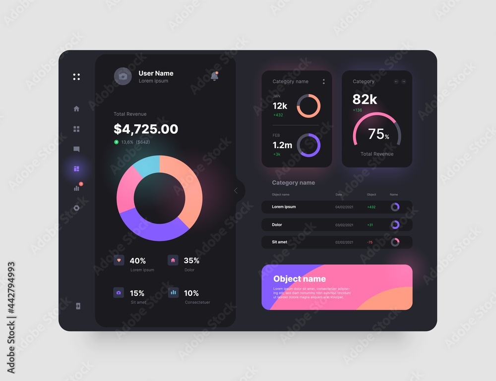 Poster dashboard design in dark colors. app interface with ui and ux elements. use design for web applicati