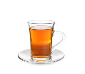 Glass cup of freshly brewed tea isolated on white