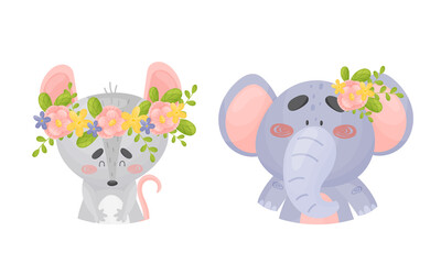 Cartoon Animals with Flower Decoration on Their Heads Vector Set