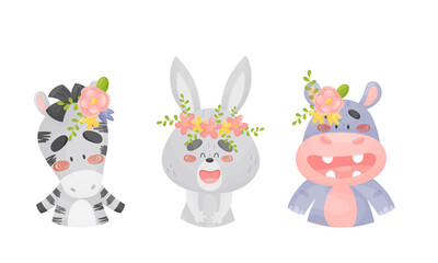 Cartoon Animals with Flower Decoration on Their Heads Vector Set