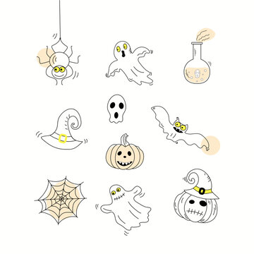 Halloween vector icons. Halloween symbols in doodle style. Traditional images. Ghosts, pumpkins, potion, bat, spider, cobweb. Vector illustration. Isolated background.