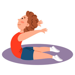 Childrenes sports gymnastics. The boy is standing in the snake pose. Exercises for the back. Vector illustration in a flat style on a white isolated background.